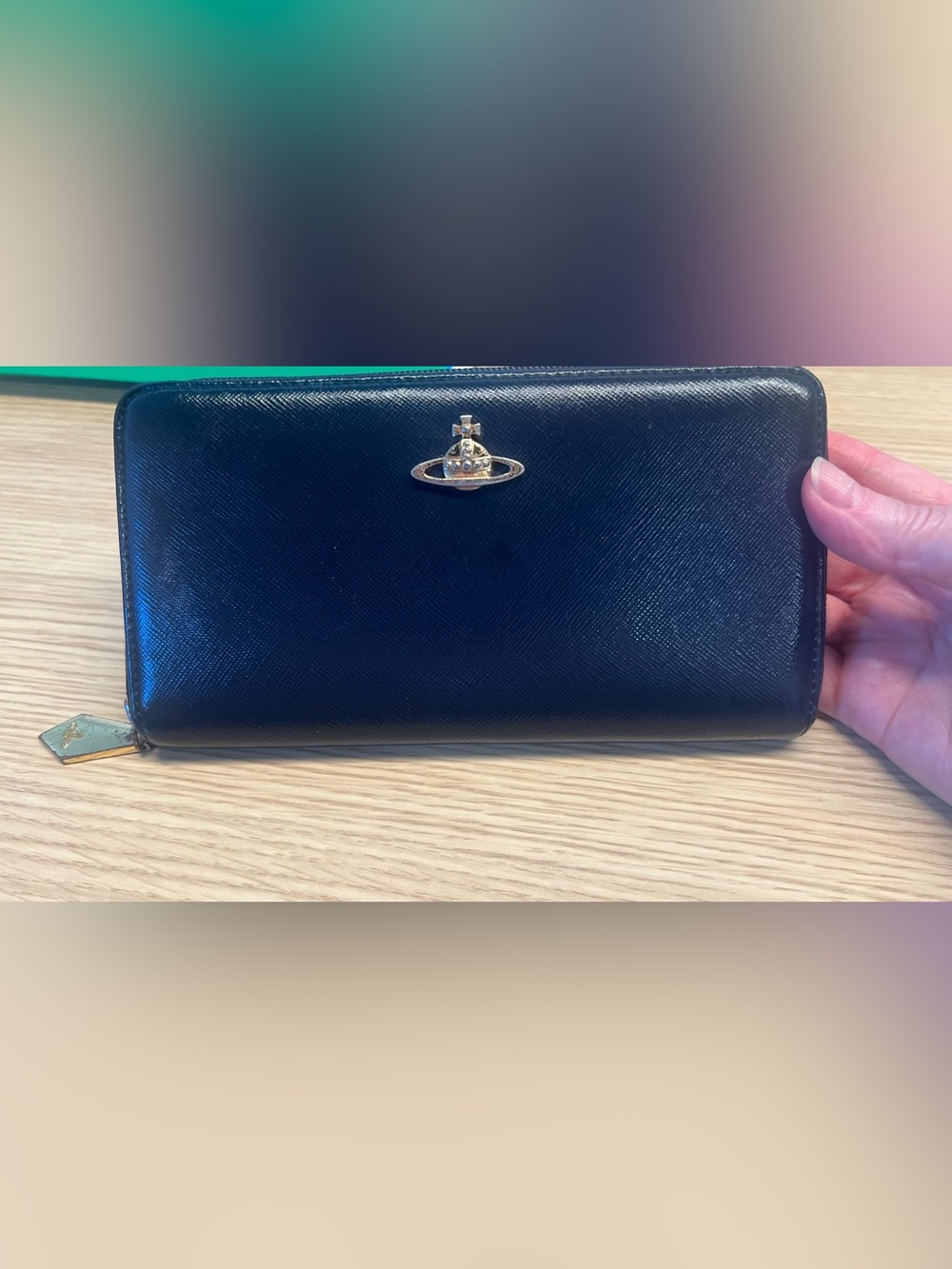 Vivienne Westwood Black Leather Zip Wallet with Gold Orb